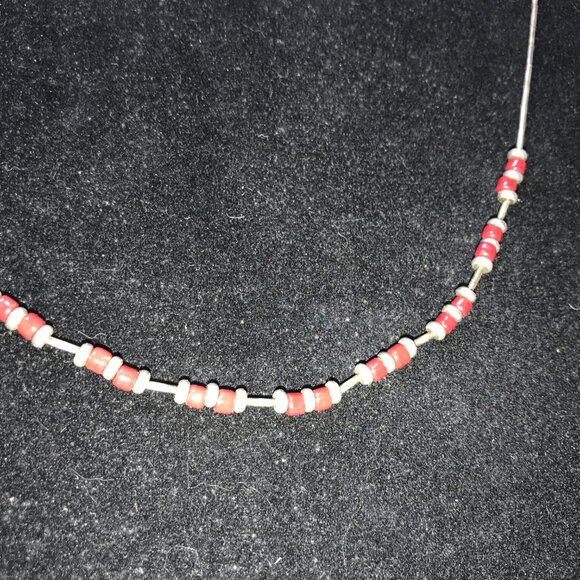 15" Shiny Orange Red and Silver Beaded Necklace - Picture 2 of 7